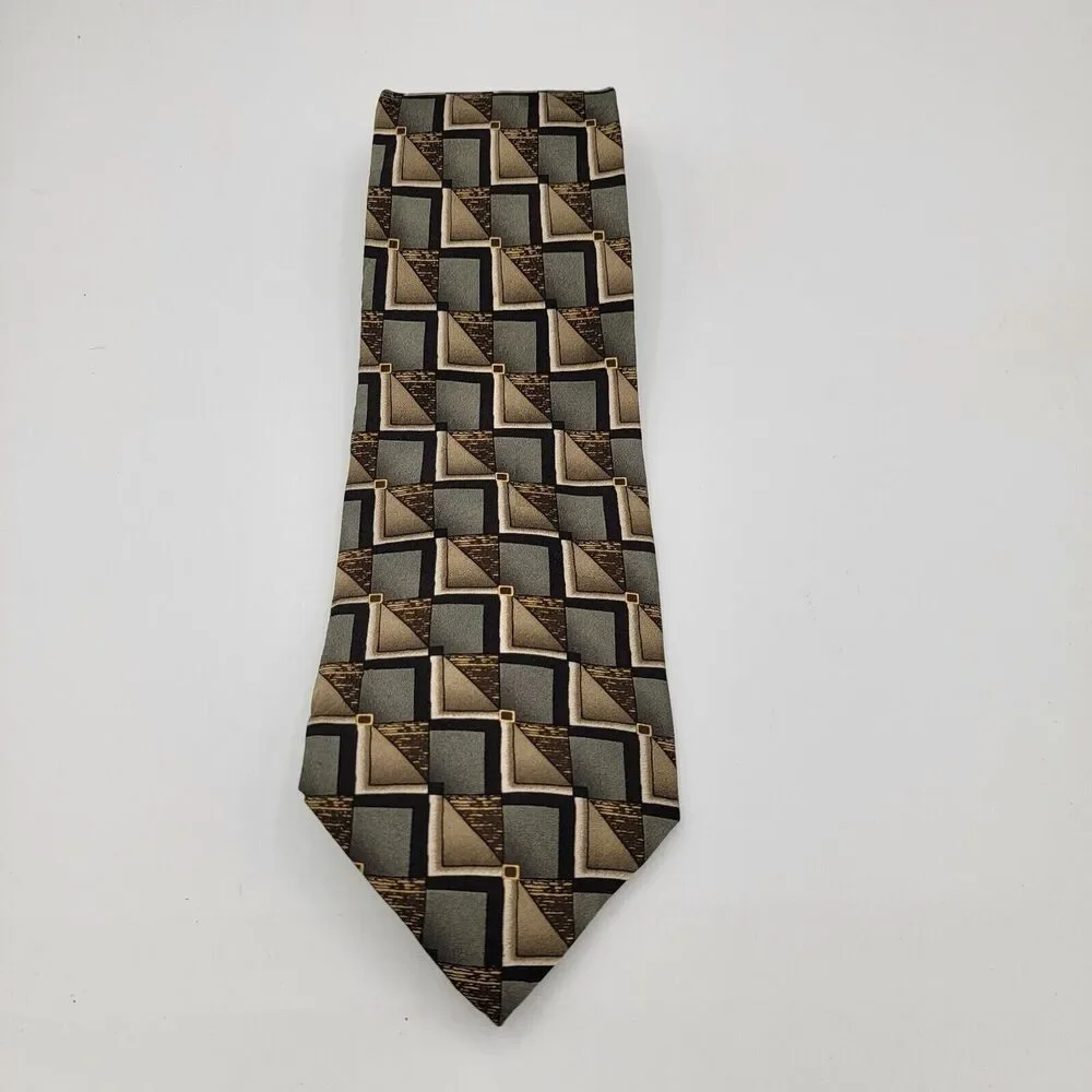 Mens Necktie Facets Geometric Silk  58.5 By 4 In Classic Grey Tan Vintage